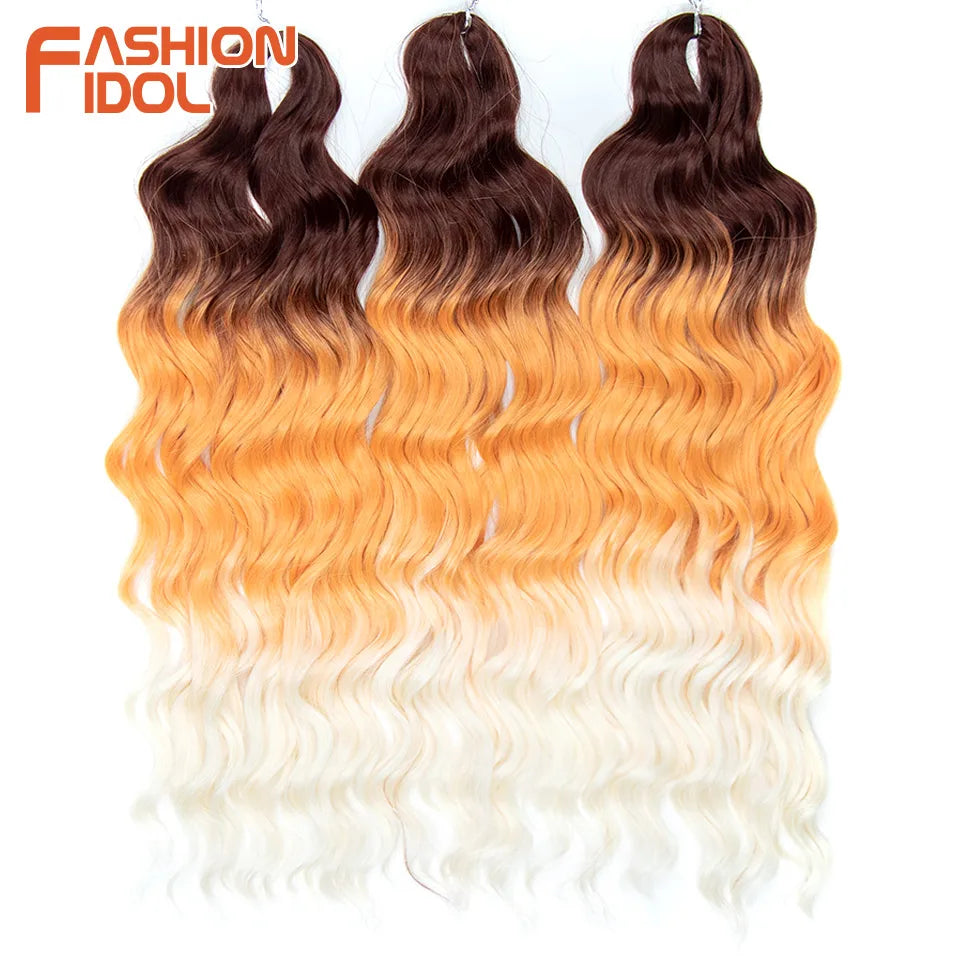 FASHION IDOL 24Inch Crochet Hair Synthetic Water Wave Braiding Hair Extensions Ombre Rainbow color Fake Hair Deep Wave Curl Hair