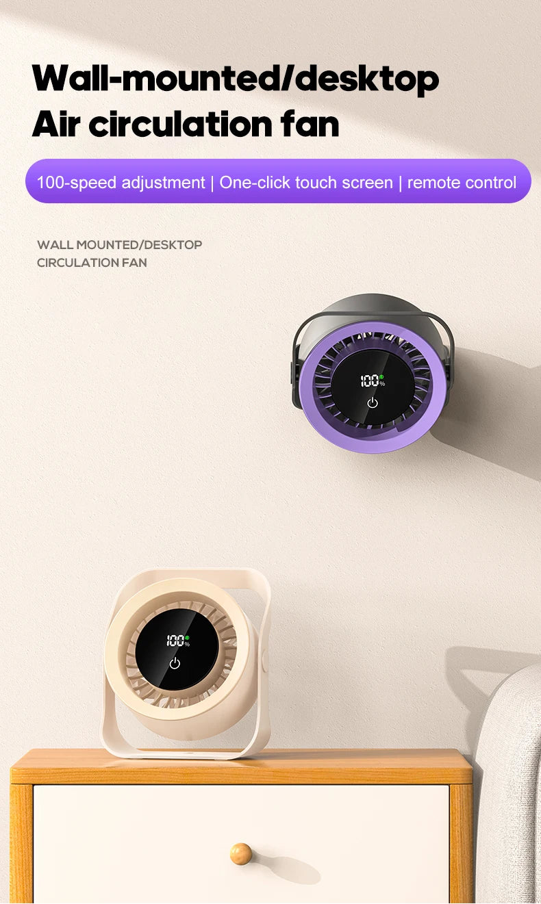 4000mAh Outdoor Desktop Fan Angle Adjustable 100 Speeds Wall Mount Portable Fan With Remote Control and Touch Screen Cooling Fan
