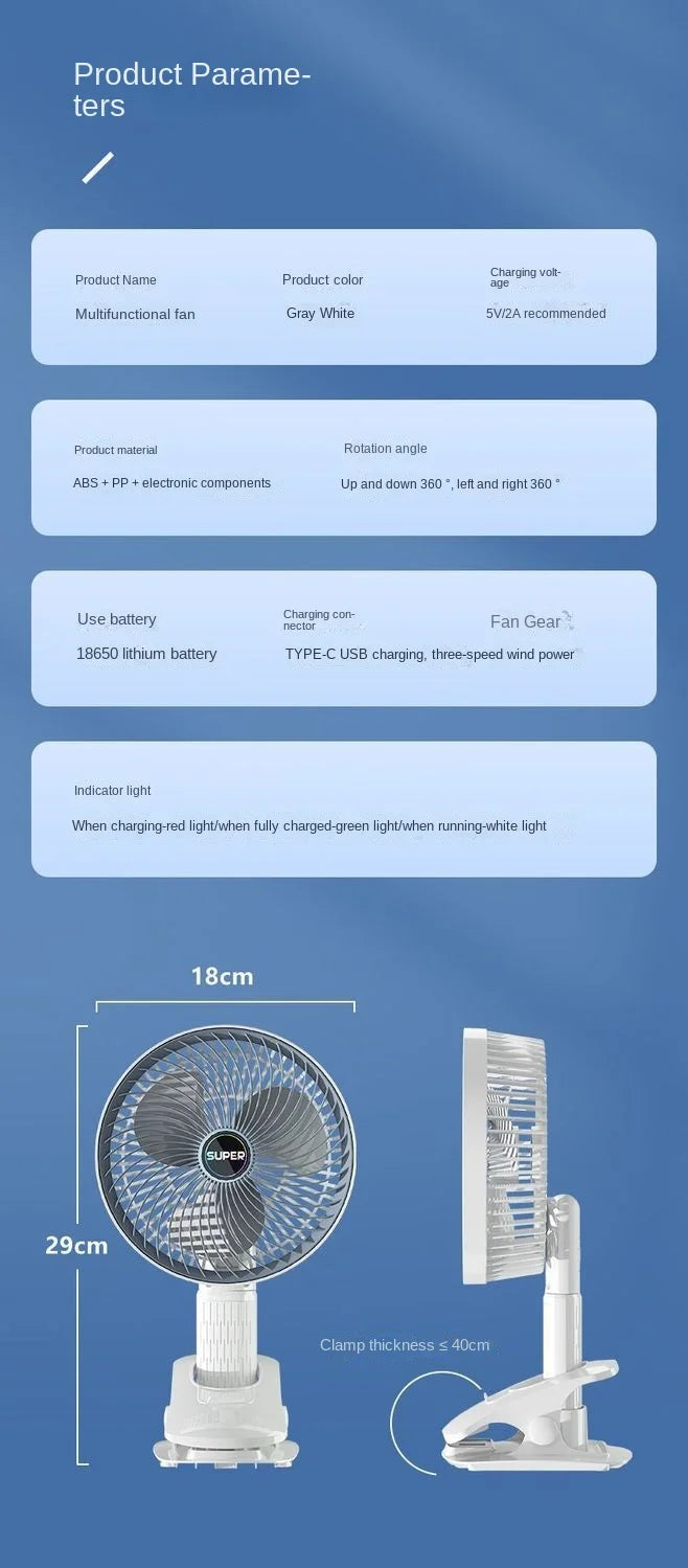 Portable Clip Fan USB Rechargeable 3-gears Wireless Electric Handheld Fan Clip Circulator Cooling Fan For Camping Desktop Office
