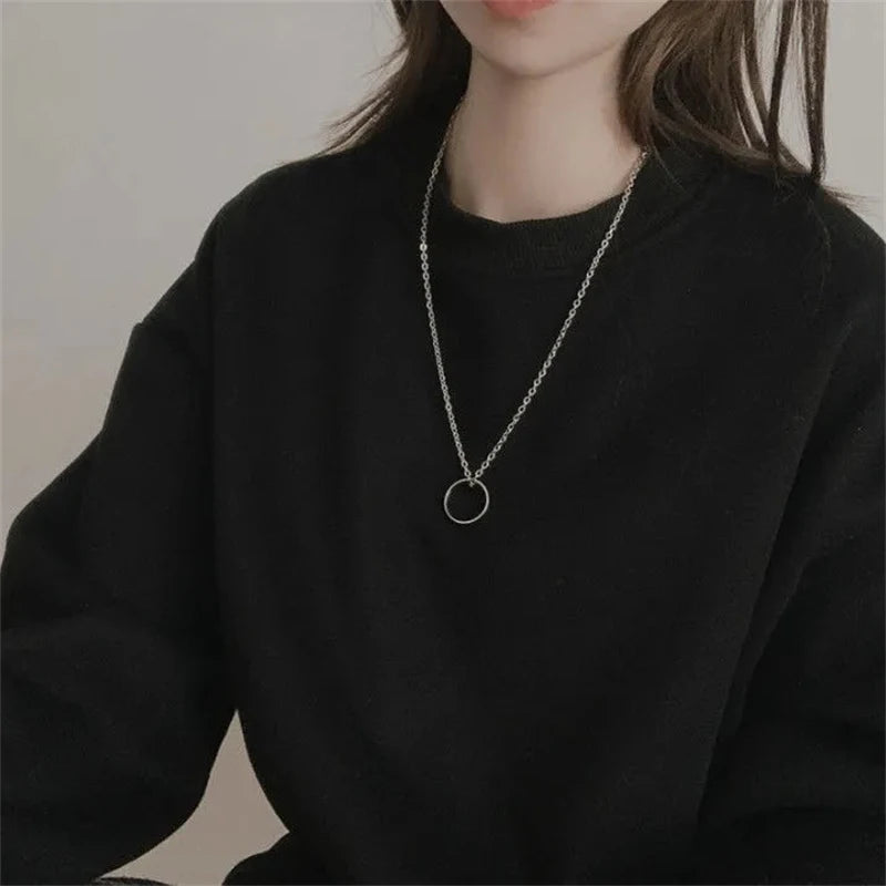 Hot Sale Fashion Ring Pendant Necklace Metal Silver Color Couple Chain Necklaces Men Women Hip Hop Jewelry Gift