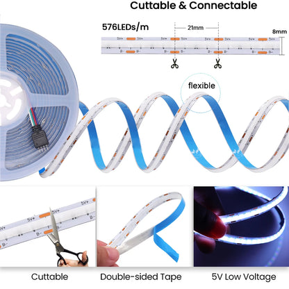 5V USB RGB COB LED Strip Light Bluetooth APP Control Music Sync 576LEDs/m High Density Flexible Ribbon RGB Tape TV Backlight