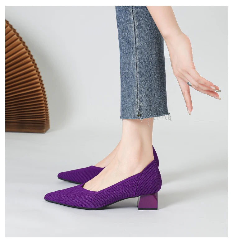 2025 New Women's High Heels Large 42/43 Fashion Pointed Anti slip Rubber Bottom Knitted Breathable Shoes