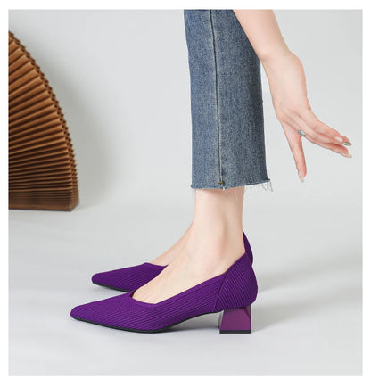 2025 New Women's High Heels Large 42/43 Fashion Pointed Anti slip Rubber Bottom Knitted Breathable Shoes