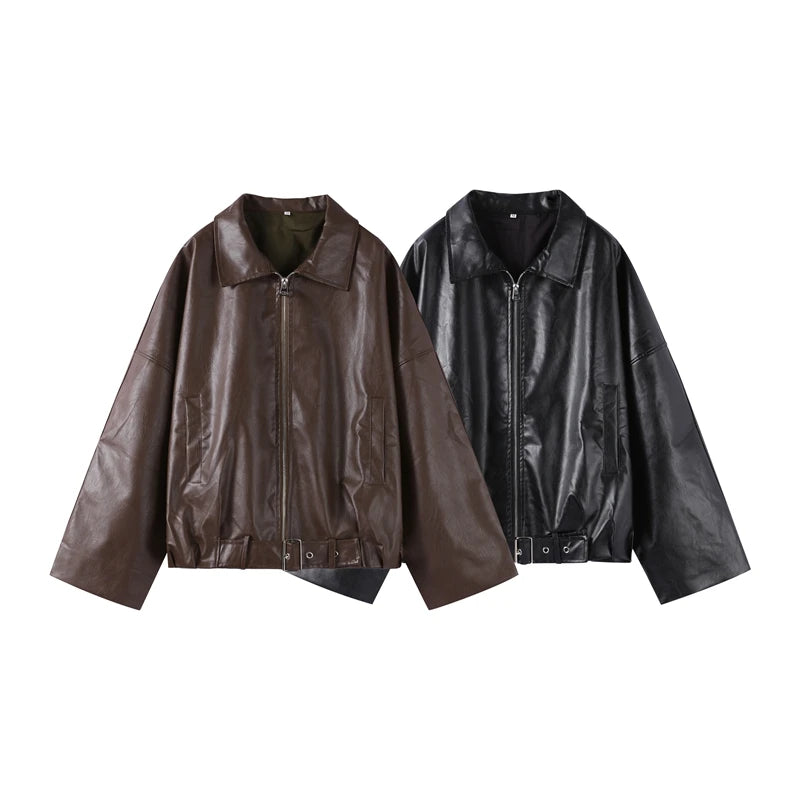 Vintage PU Leather Bomber Jackets 2025 Autumn New Ladies Zipper Lapel Long Sleeve Pocket Coat With Belt Women's Loose Streetwear