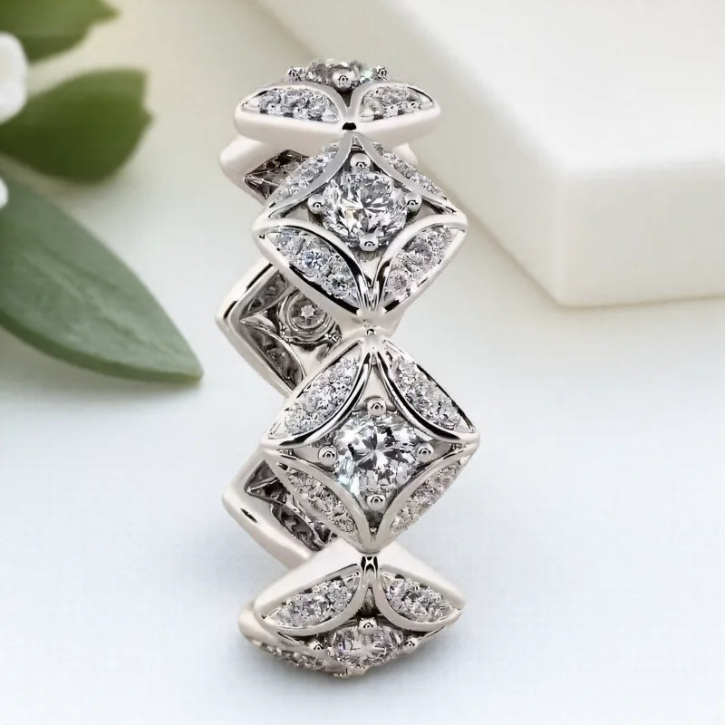 Geometric White Zircon Round Stone Rings For Women Silver Color Engagement Pormise Band Bridal Wedding Jewelry Mother's Day Gift