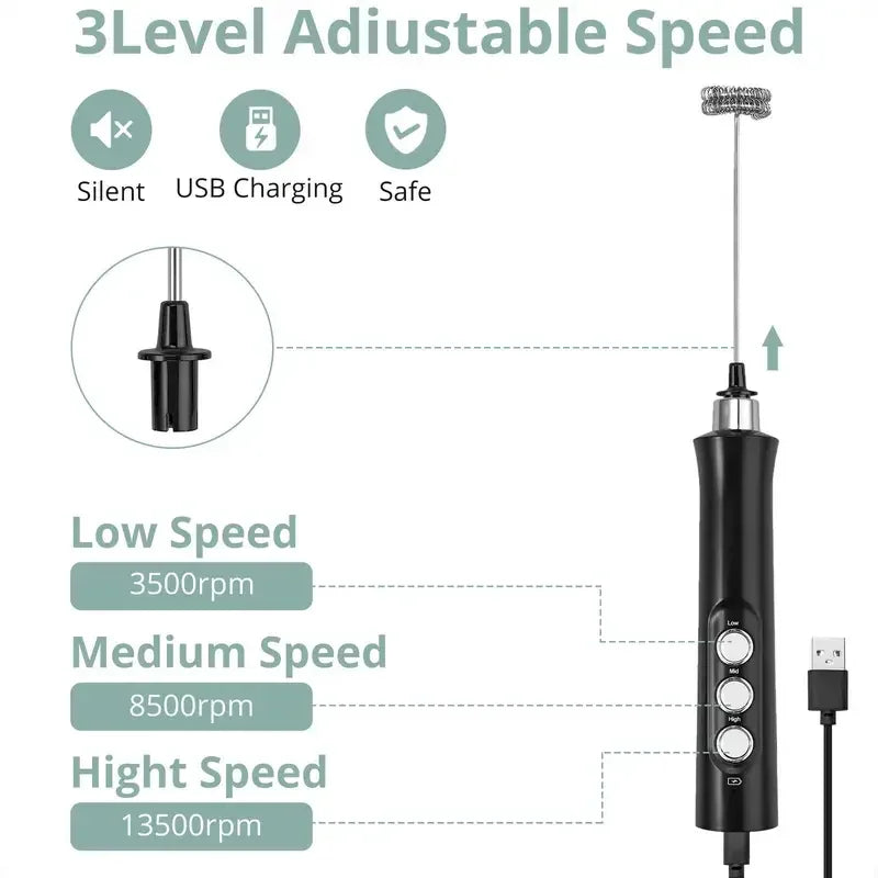Wireless Rechargeable Electric Milk Frother - 3 Speeds, Handheld Foam Maker for Latte, Cappuccino, Hot Chocolate - USB Rechargea
