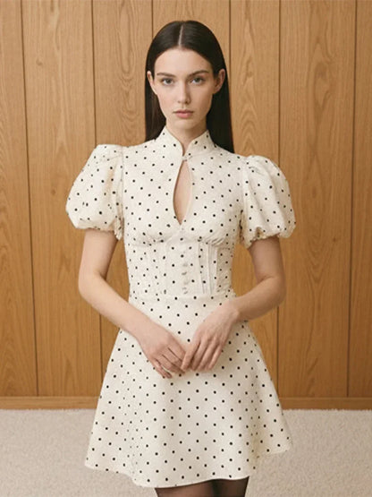 Retro Polka Dot Mini A-line Dress Elegant Stand Collar Puff Short Sleeve Waist-cinching Dresses 2026 New Lady Party Gowns