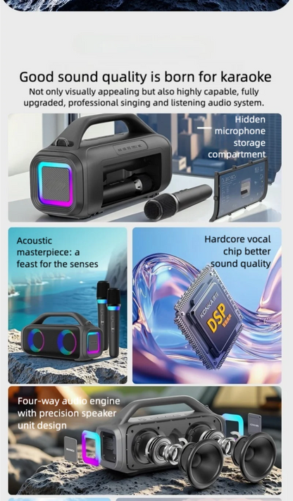 Karaoke Machine for Adults, Portable Bluetooth Speaker with 2 Wireless Microphones, Portable PA System with Disco Lights