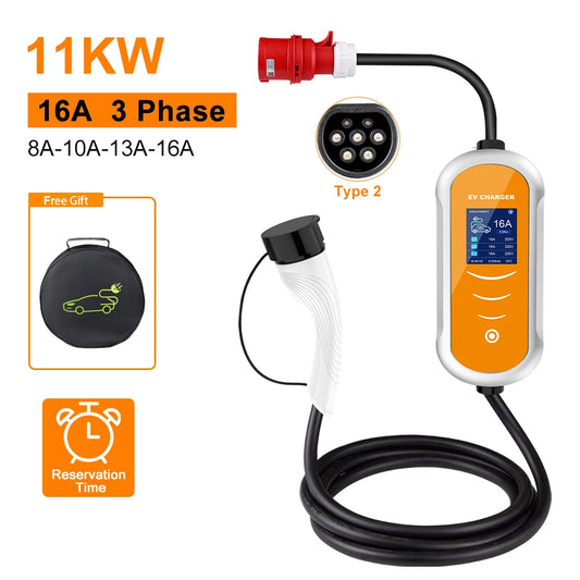Type 2 Portable EV Charger Appointment time 11KW 16A 3 Phase EVSE Charging Box Cable CEE Plug for Electric Vehicle Car