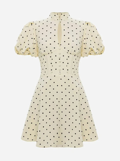 Retro Polka Dot Mini A-line Dress Elegant Stand Collar Puff Short Sleeve Waist-cinching Dresses 2026 New Lady Party Gowns