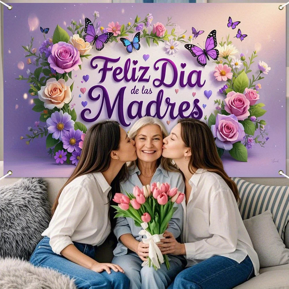 Spanish Mother's Day banner with roses and butterflies - suitable for home, graduation, indoor/outdoor, and holiday occasions