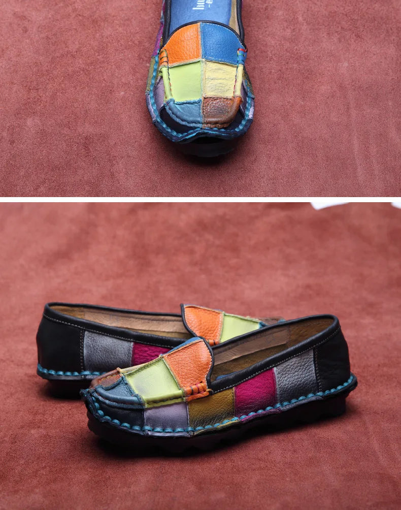 Koznoy 2.5cm Native Flats Shoes Women Natural Cow Genuine Leather Big Size Mixed Color Soft Soled Loafer Ethnic Moccasins Comfy