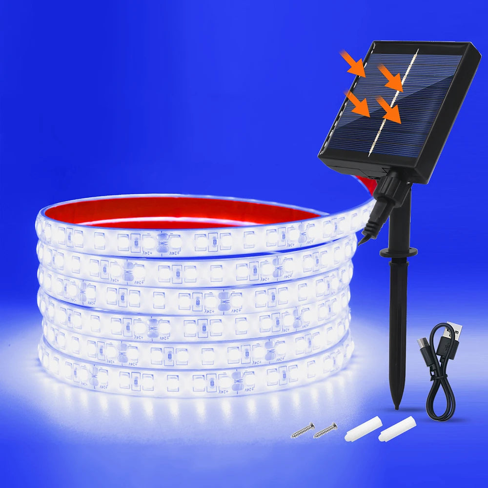 24V LED Light Strip Solar Waterproof 8 Modes 2835 120LEDs/m White Red Green Blue Flexi Lamp IP68 Party Garden Outdoor Decoration