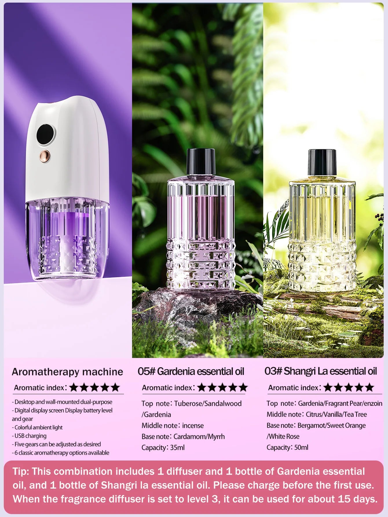 Multifunctional rechargeable portable essential oil diffuser Multiple aroma aromatherapy essential oils can be used in home cars