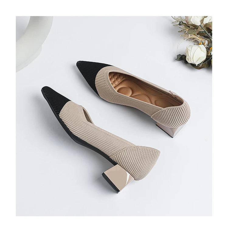 2025 New Women's High Heels Large 42/43 Fashion Pointed Anti slip Rubber Bottom Knitted Breathable Shoes