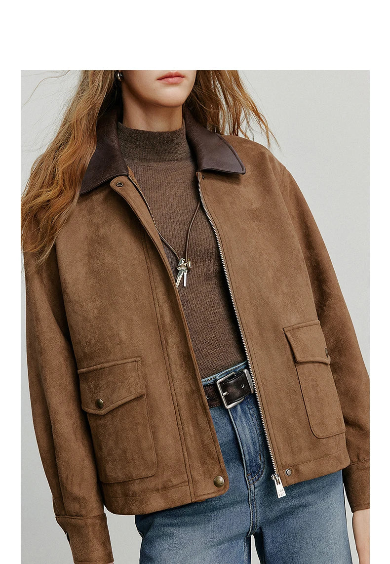 TOYOUTH Women Jacket coat 2025 Autumn New Vingtage Barn Style Suede Leather Patchwork Collar Jacket Brown