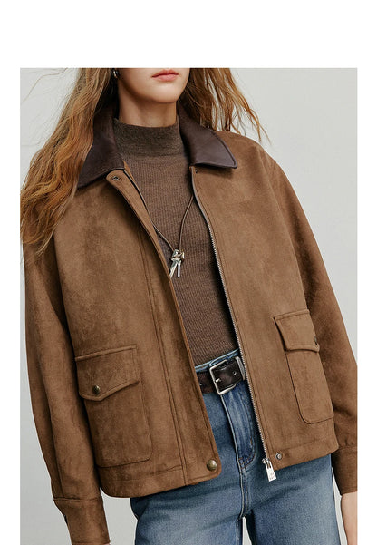 TOYOUTH Women Jacket coat 2025 Autumn New Vingtage Barn Style Suede Leather Patchwork Collar Jacket Brown