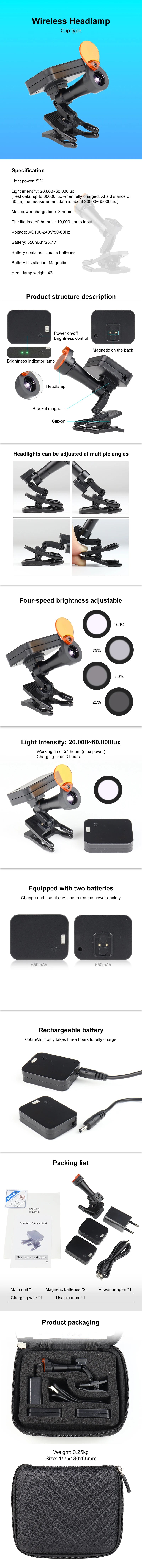 Clip Type Dental 5W Wireless Headlamp for Dental Loupes Magnifier Lab Medical Loupes Magnification Binocular Glasses