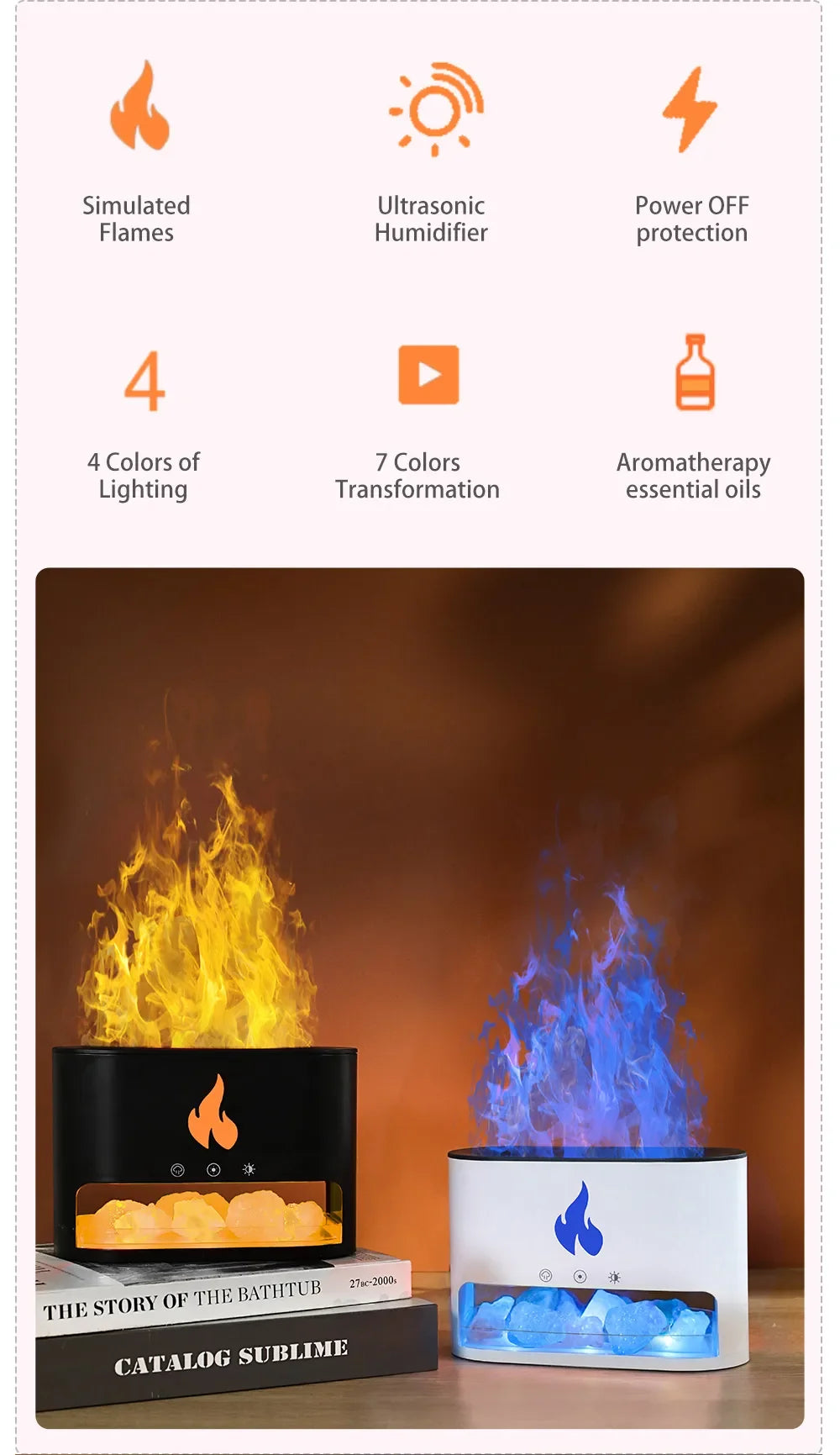 New Fireplace Humidifier Crystal Salt Rock Fire Lamp 7 Color Flame Aroma Volcano Air Humidifier Essential Oil Diffuser for Home