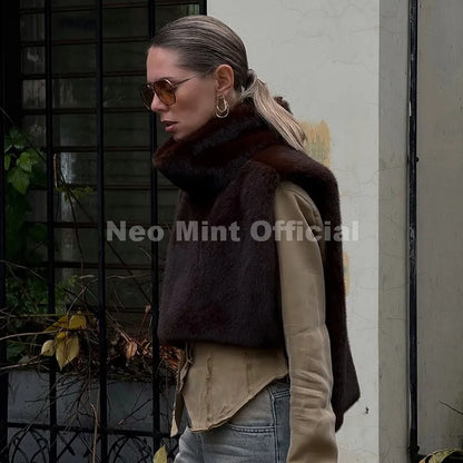 Neo Mint 2025 Brand Fashion Faux Fur Sable Vest Crop Top Autumn Winter Turtleneck Eco Mink Fur Tank Tops Sleeveless Jacket Coat