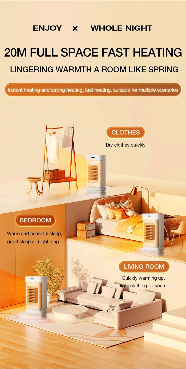 Portable PTC ceramic electric heater with multi-stage adjustment, silent, small household fan and night light heater.