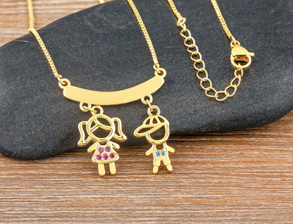 Nidin Exquisite Gold Plated Mom Daughter Necklace Girl Boy Pendant Chain Choker Cubic Zirconia Jewelry Mother's Day Gift