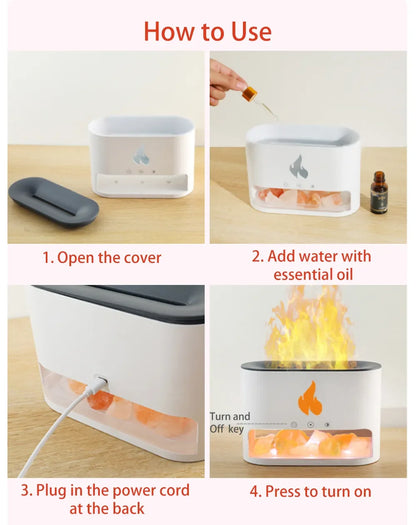 New Fireplace Humidifier Crystal Salt Rock Fire Lamp 7 Color Flame Aroma Volcano Air Humidifier Essential Oil Diffuser for Home