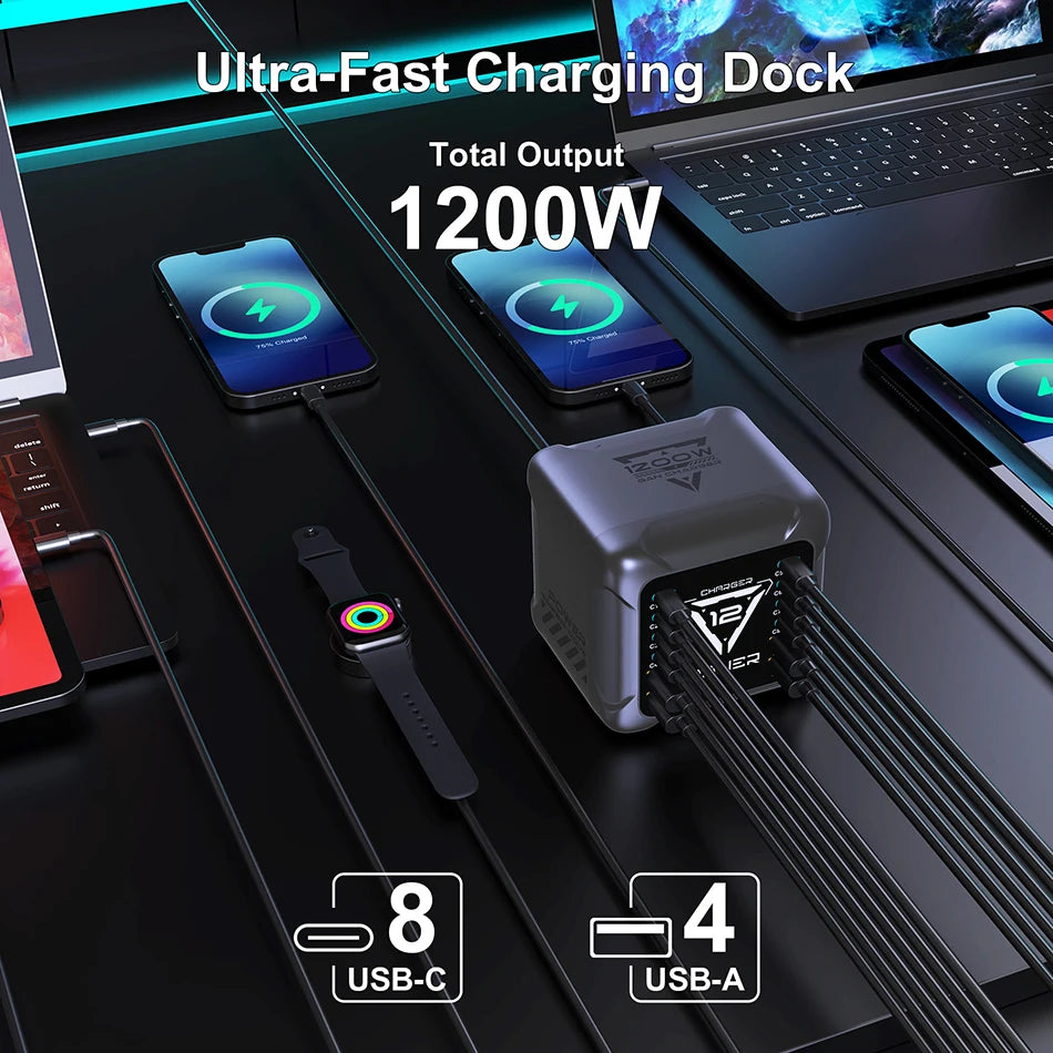 800W GaN Charger USB C Fast Desktop 10-port USB Type C PD3.1 Charger Fast Charging for iPhone 16 15 14 Samsung S24 Xiaomi Laptop