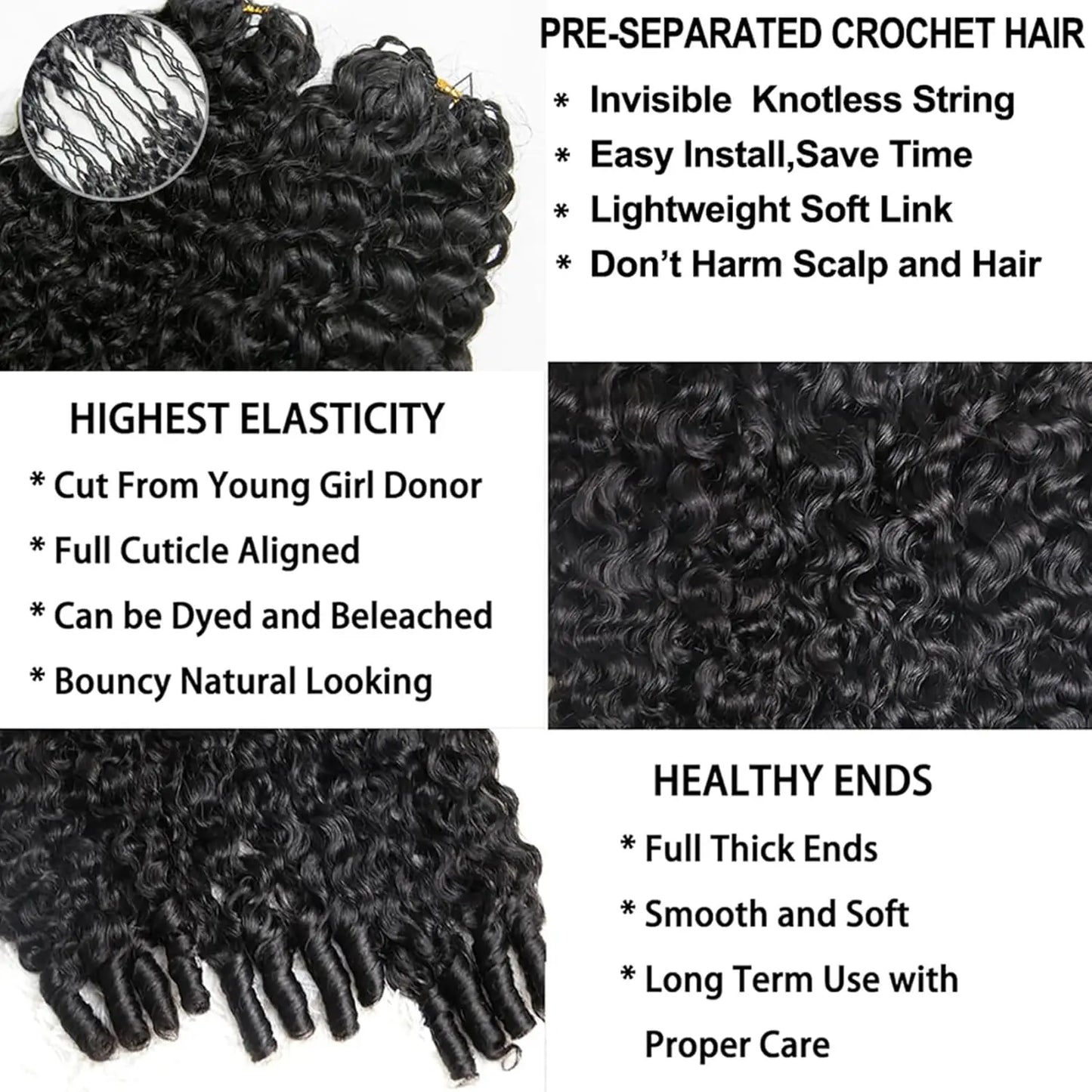 Burmese Curly Crochet Human Hair Pre Looped Deep Wave Human Hair Crochet Miracle Knots Feathered Human Crochet Hair Extensions