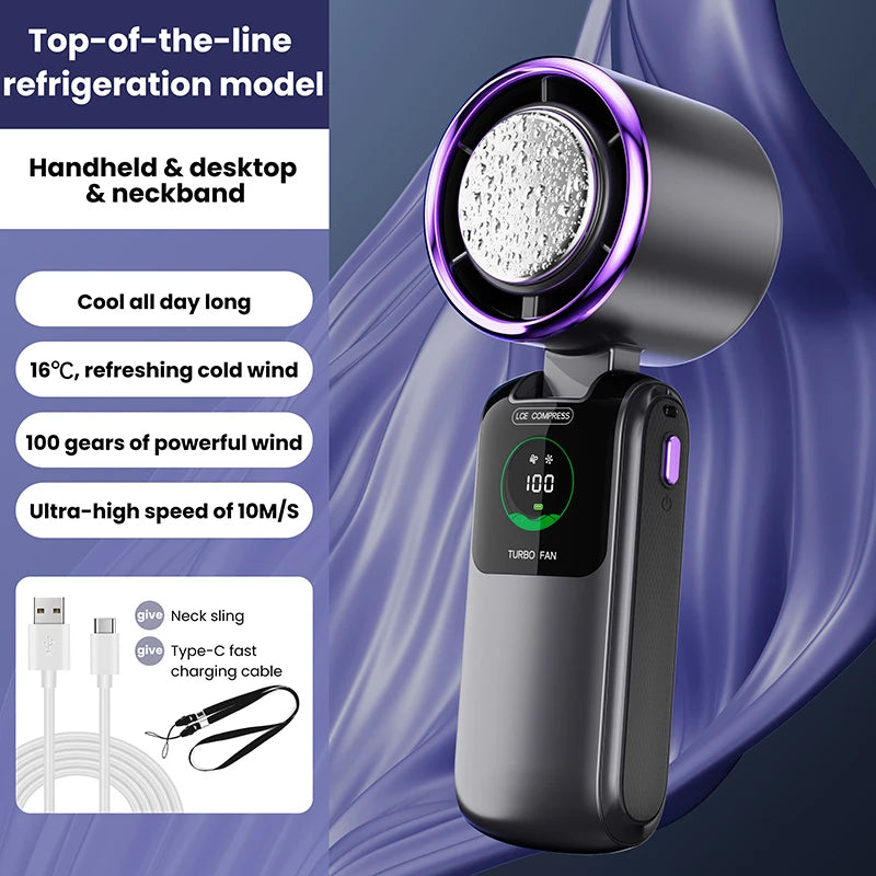 2025 New Ice Pack High-Speed Handheld Eletric Fan 100 Speed Adjustable Folding Mini Fan Portable Outdoor Hanging Neck Small Fan