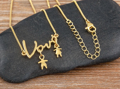 Nidin Exquisite Gold Plated Mom Daughter Necklace Girl Boy Pendant Chain Choker Cubic Zirconia Jewelry Mother's Day Gift