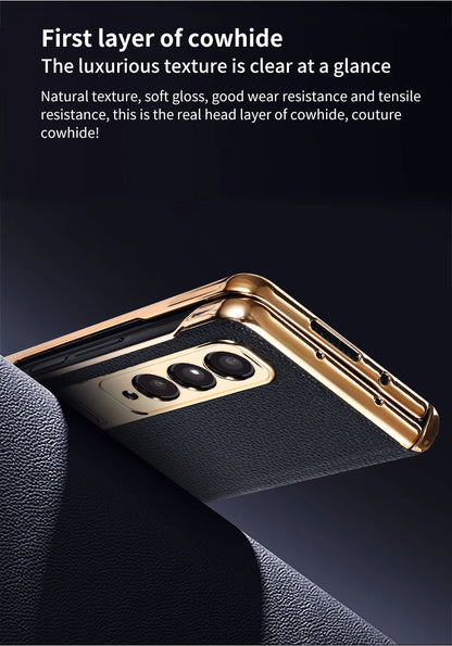 LANGSIDI Leather Case for Samsung Galaxy Z Fold 6 5 4 3 Fold6 Fold5 Gold Plating Magnetic Hinge Stand Cover with Mirror Film
