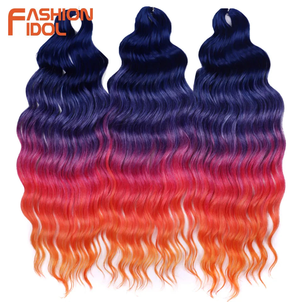 FASHION IDOL 24Inch Crochet Hair Synthetic Water Wave Braiding Hair Extensions Ombre Rainbow color Fake Hair Deep Wave Curl Hair