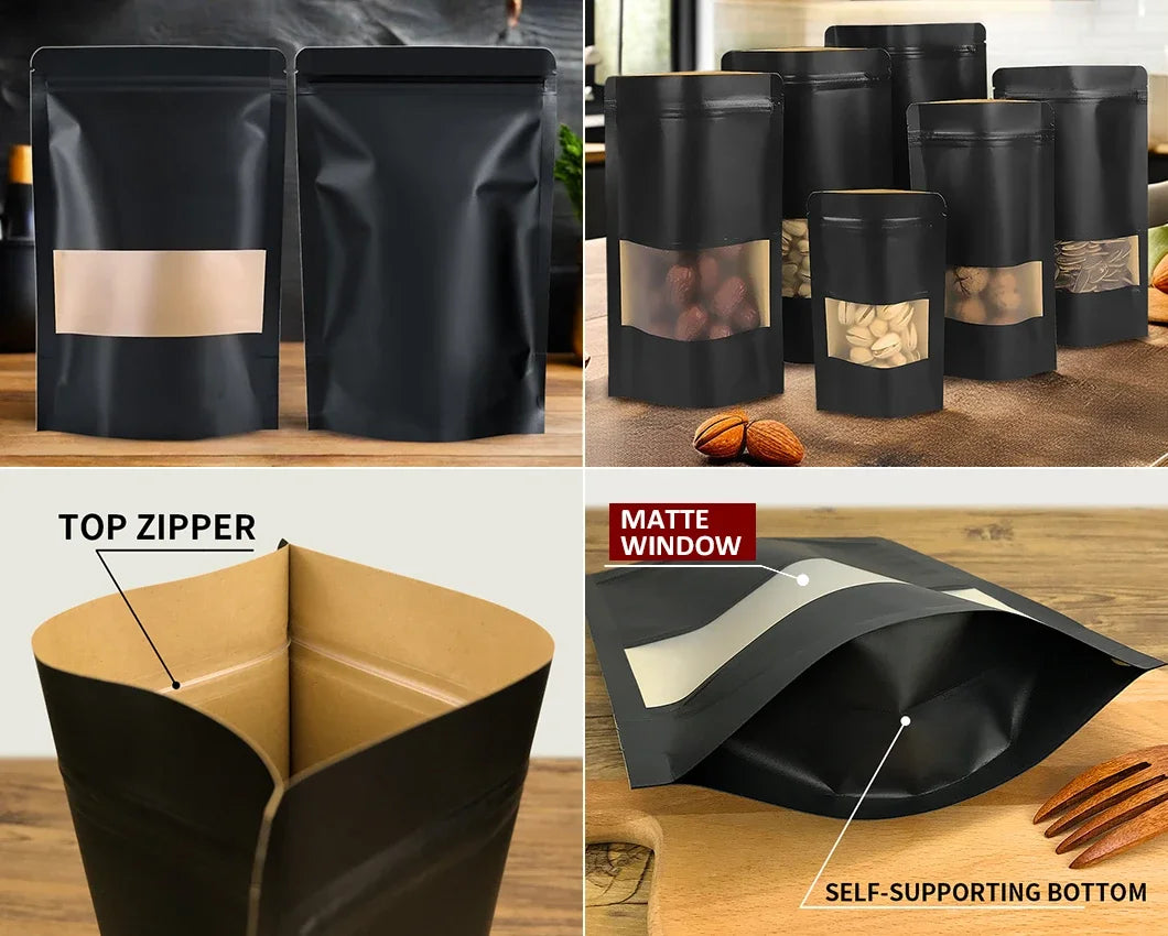 100pcs custom logo Wholesale Black Kraft Paper Stand up Pouch with Window Reusable Food Packaging Zip Lock Bag
