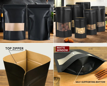 100pcs custom logo Wholesale Black Kraft Paper Stand up Pouch with Window Reusable Food Packaging Zip Lock Bag