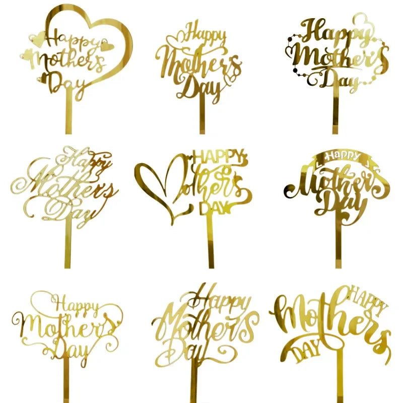 New Happy Mother's Day Birthday Cake Topper Gold High-grade Acrylic MOM Party Cake Toppers Mother's Day Gifts Dessert Decoration