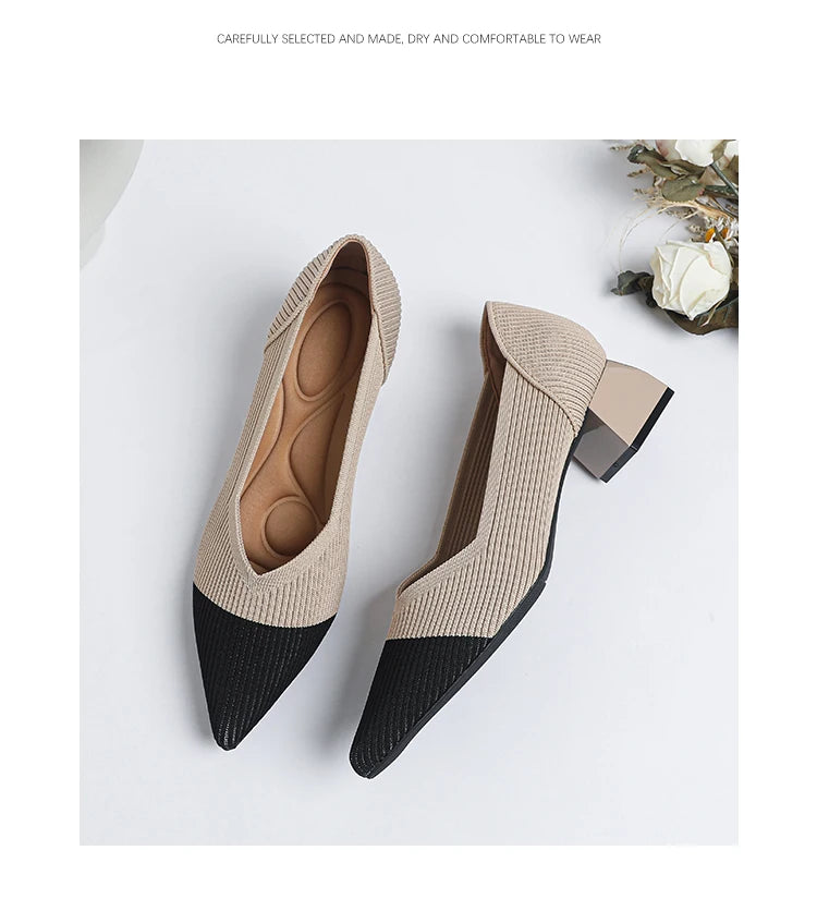 2025 New Women's High Heels Large 42/43 Fashion Pointed Anti slip Rubber Bottom Knitted Breathable Shoes