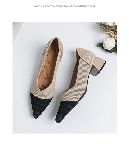 2025 New Women's High Heels Large 42/43 Fashion Pointed Anti slip Rubber Bottom Knitted Breathable Shoes