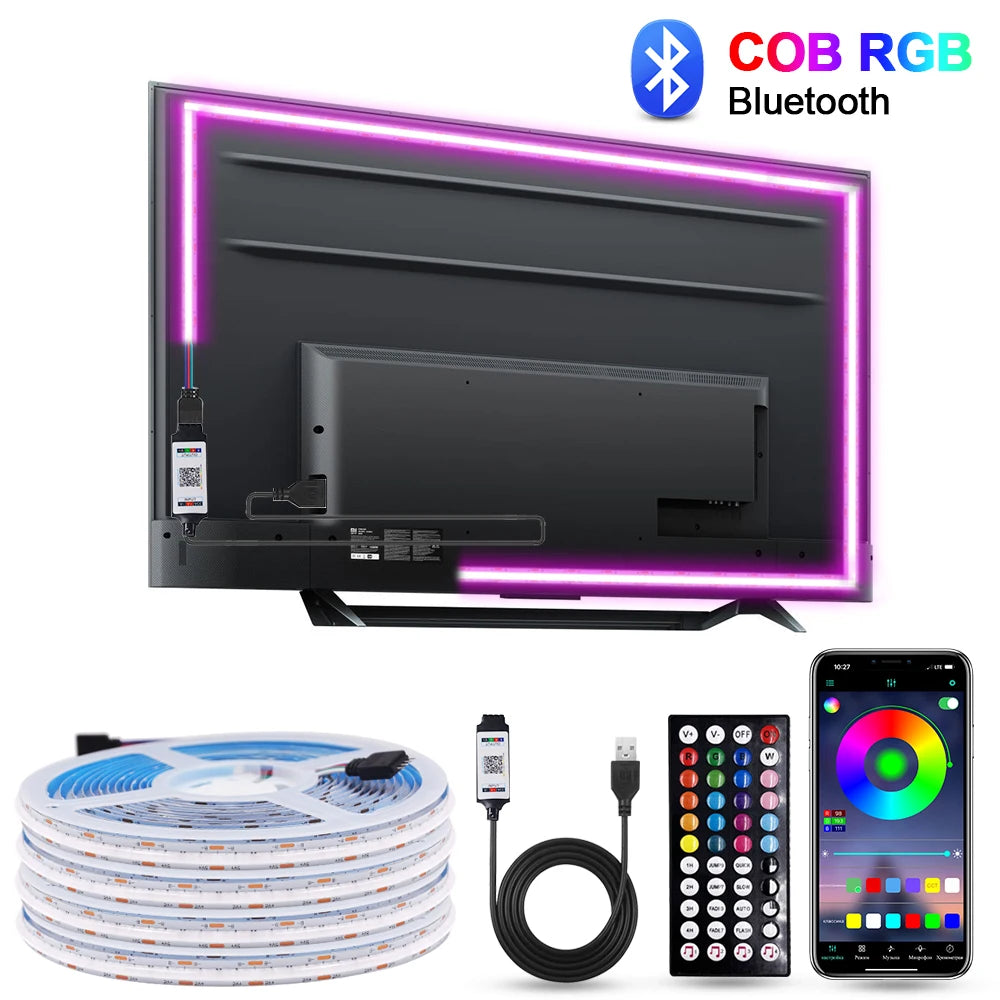 5V USB RGB COB LED Strip Light Bluetooth APP Control Music Sync 576LEDs/m High Density Flexible Ribbon RGB Tape TV Backlight