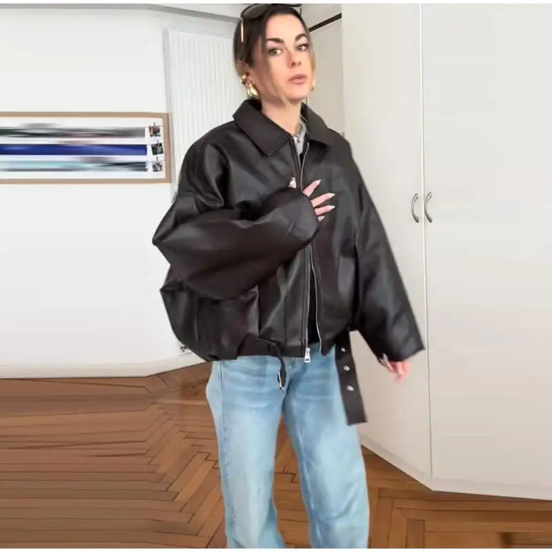 Vintage PU Leather Bomber Jackets 2025 Autumn New Ladies Zipper Lapel Long Sleeve Pocket Coat With Belt Women's Loose Streetwear