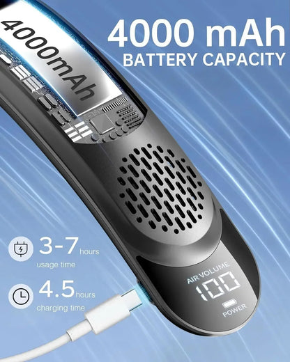 4000mAh Leafless Portable Neck Fan Turbine Vaneless Design 3 Gears Super Strong Wind Fast Cooling Digital Display for Outdoor