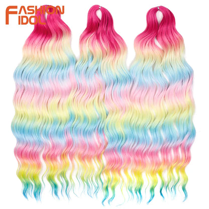 FASHION IDOL 24Inch Crochet Hair Synthetic Water Wave Braiding Hair Extensions Ombre Rainbow color Fake Hair Deep Wave Curl Hair