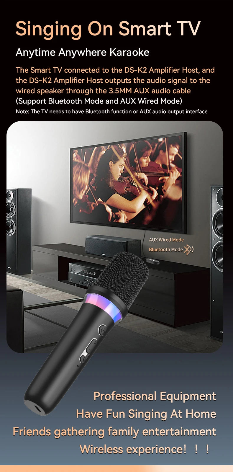New DS-K2 Karaoke Companion Bluetooth Wireless Moving-Coil Microphone With RGB Light KTV DSP Mixer System For Wired Speaker Car