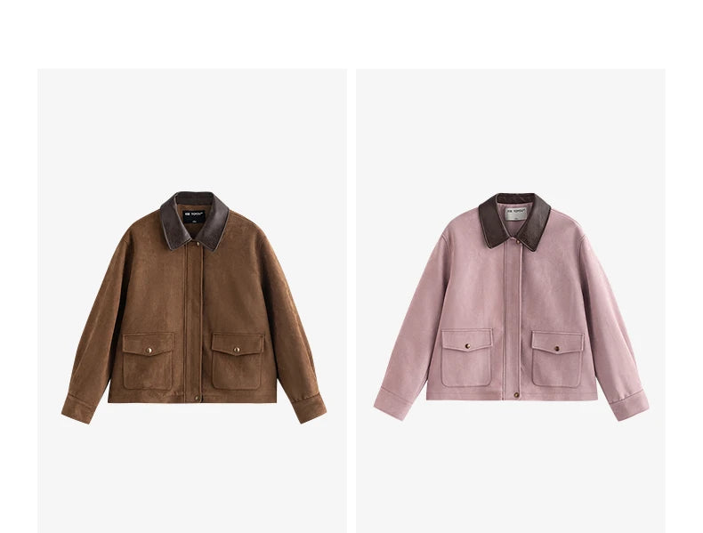 TOYOUTH Women Jacket coat 2025 Autumn New Vingtage Barn Style Suede Leather Patchwork Collar Jacket Brown