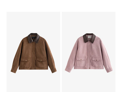 TOYOUTH Women Jacket coat 2025 Autumn New Vingtage Barn Style Suede Leather Patchwork Collar Jacket Brown