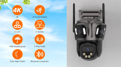 Three Screen WIFI IP Camera Outdoor 4K Dual Lens PTZ Camera Ai Human Detection IP66 Waterproof CCTV Video Security Camera iCsee