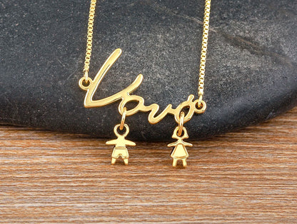 Nidin Exquisite Gold Plated Mom Daughter Necklace Girl Boy Pendant Chain Choker Cubic Zirconia Jewelry Mother's Day Gift