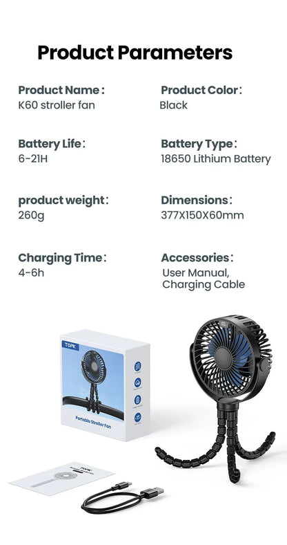 TOPK 5000mah Stroller Portable Mini Fan USB Rechargeable Outdoor Electric Fan 4 gear Speed 360°Degree Rotata & Digital Display