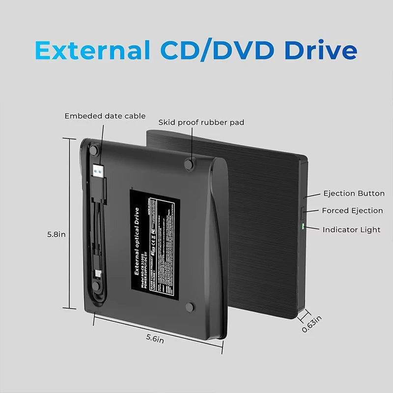 USB 3.0 Type-C External CD DVD Drive, USB 2.0 Slim Protectable External CD-RW Drive DVD-ROM  Player for Laptops Desktop PCs