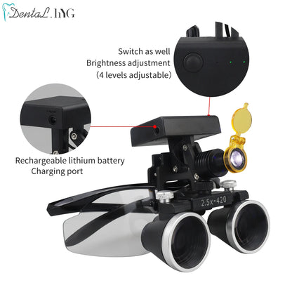 2.5X/3.5X 420mm Dental Loupe Magnifier Binocular Magnifier Surgery Surgical Operation Loupe with Spotlight Head Light 5W LED